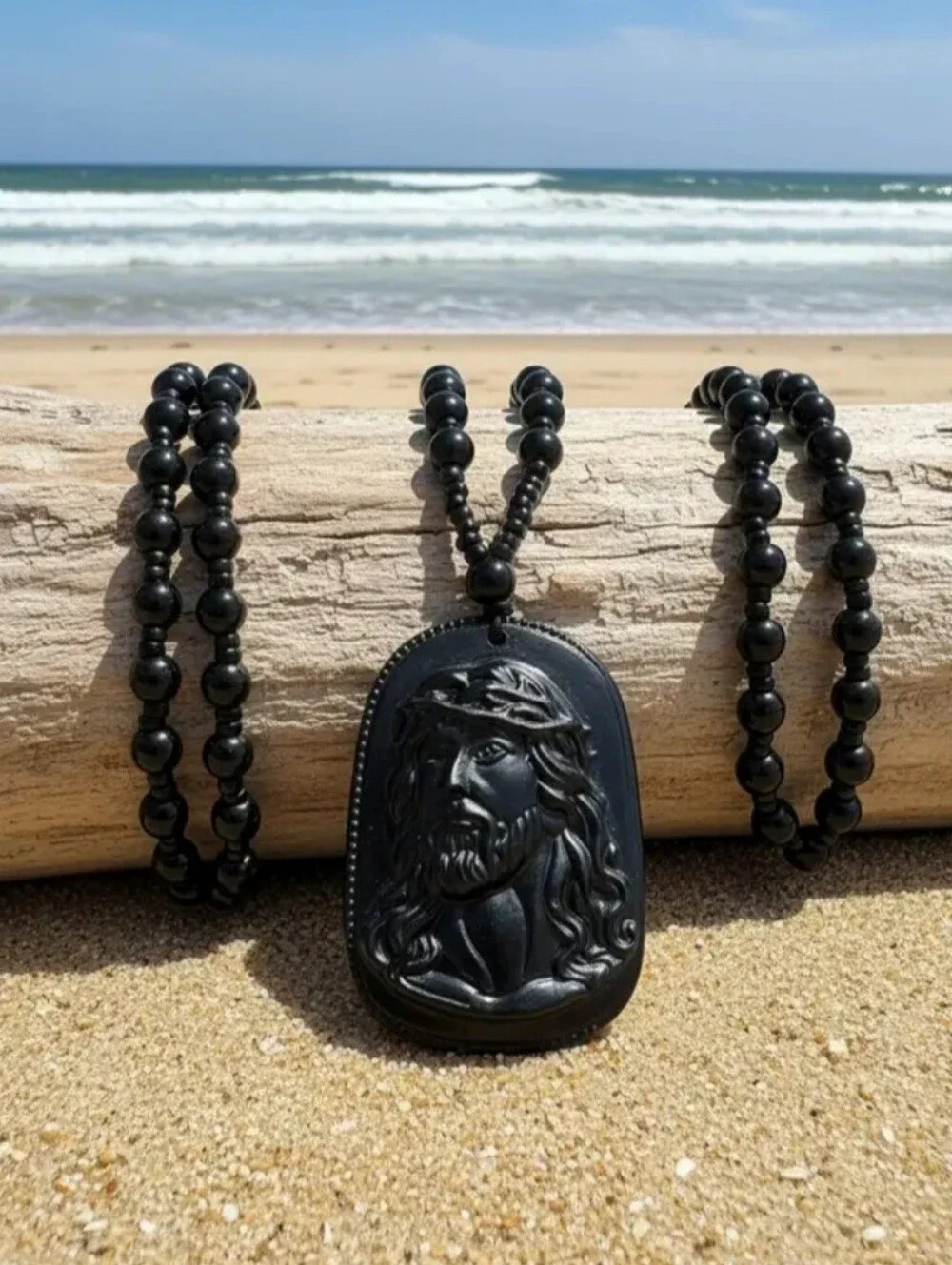 Black Jesus Pendant Beaded Resin Necklace